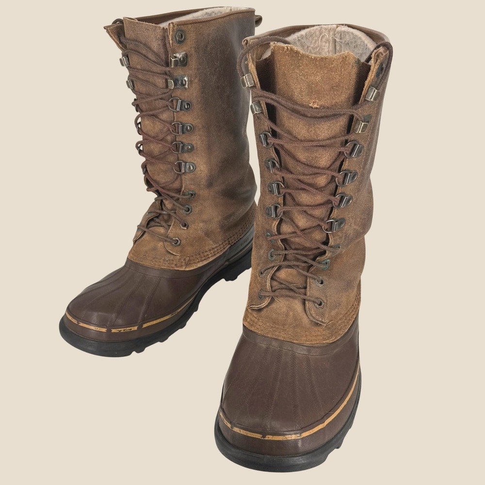 Vintage Sorel Caribou Kaufman Boots Men 10 Brown Leather Felt Liner Canada Snow